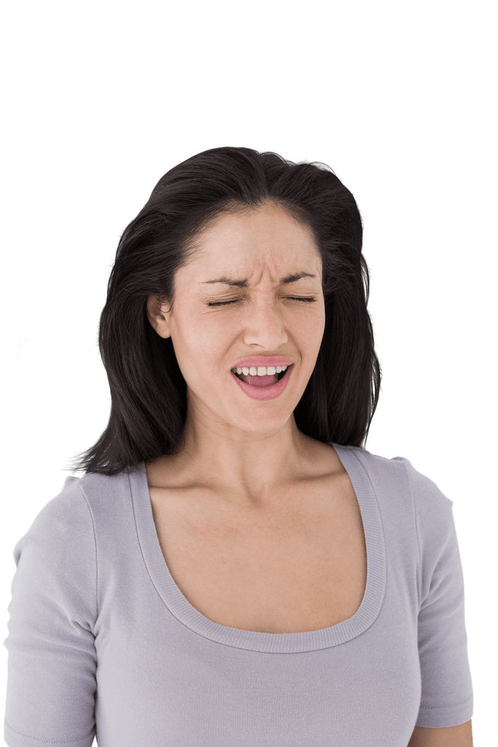 Expressive Woman Suffering from Migraine on Transparent Background