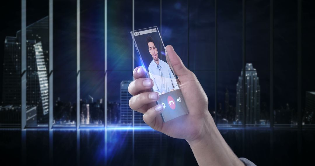 Futuristic Transparent Smartphone in Urban Video Call