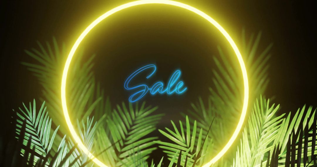 Neon Sale Event Ad with Bright Plants and Circle Frame