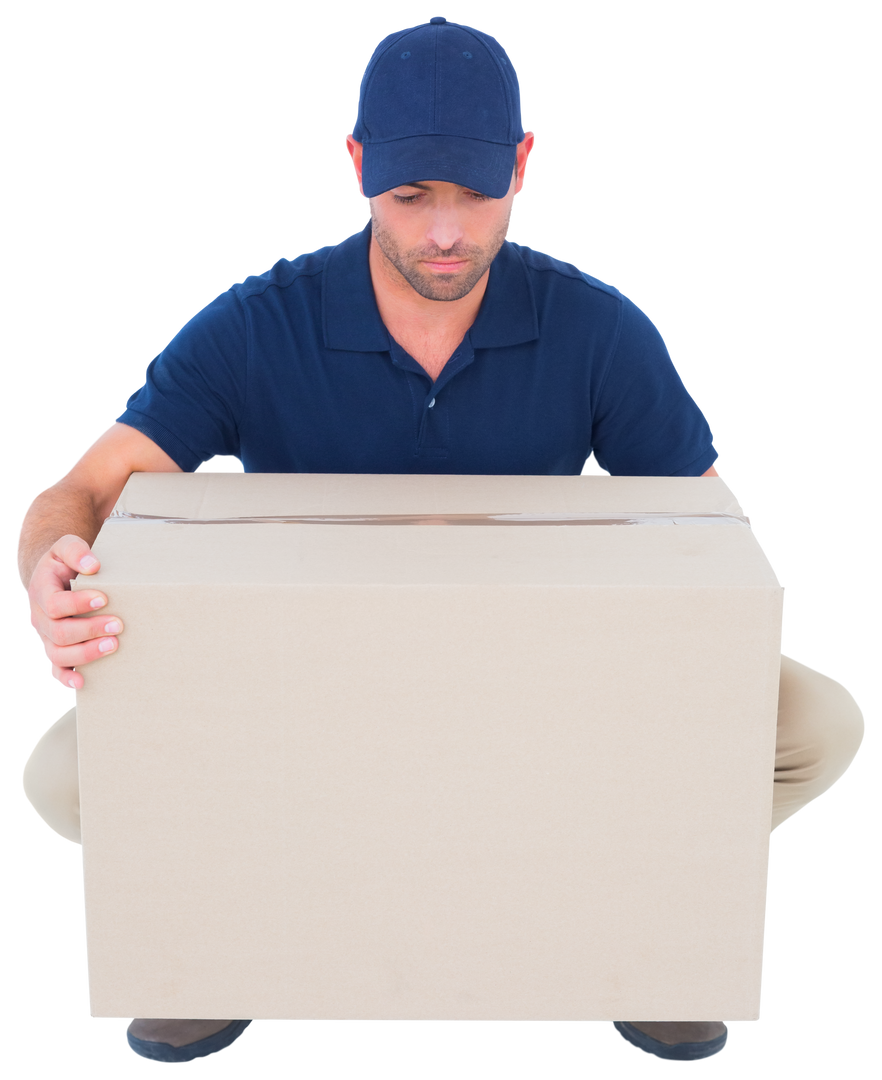 Transparent Background Delivery Man Lifting Cardboard Box - Download Free Stock Images Pikwizard.com