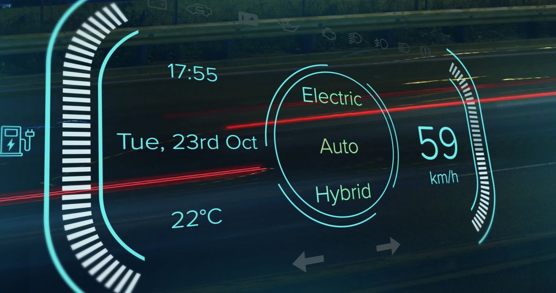 Futuristic Digital Car Dashboard Displaying Hybrid Mode at Night