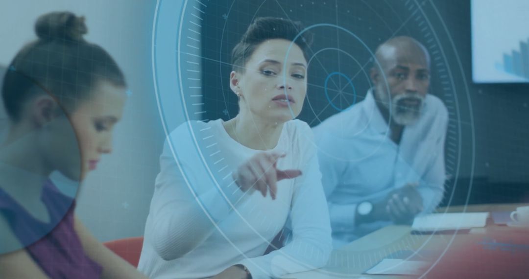 Diverse Team Engaging with Futuristic Data Interface in Office