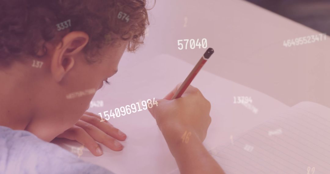 Schoolboy Writing with Numbers Overlay Suggesting Data Processing