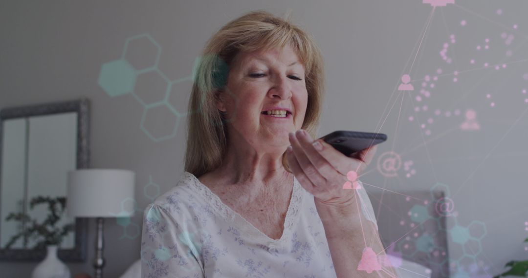 Senior Woman Using Smartphone with Data Overlay in Home Environment