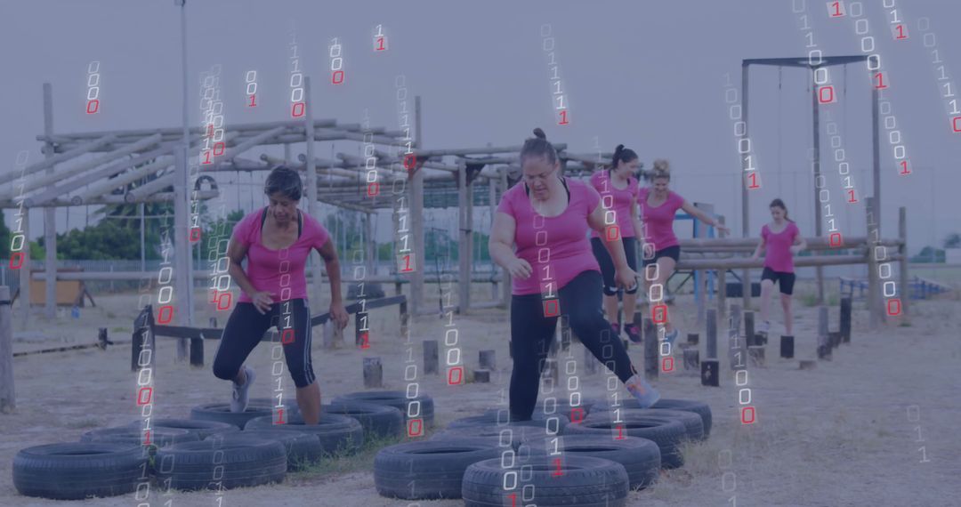 Women Navigating Outdoor Obstacle Course with Binary Overlay