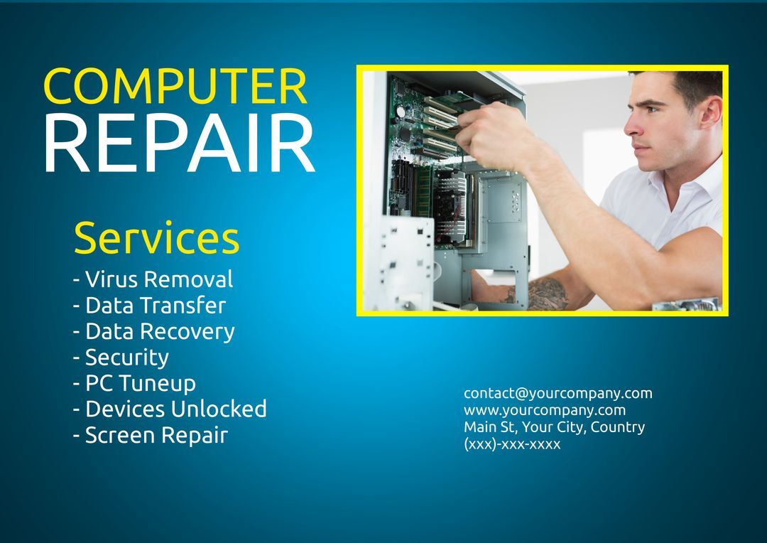 Professional Computer Repair Services Flyer with Technician - Download Free Stock Templates Pikwizard.com