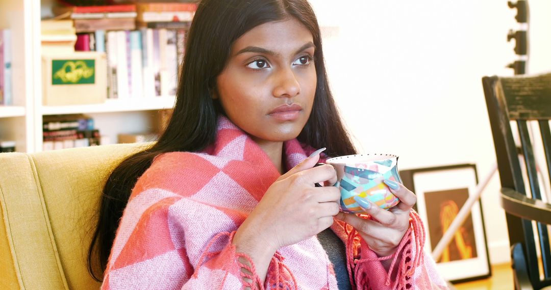 Young Woman Relaxing with Cup of Tea in Cozy Living Room - Free Images, Stock Photos and Pictures on Pikwizard.com