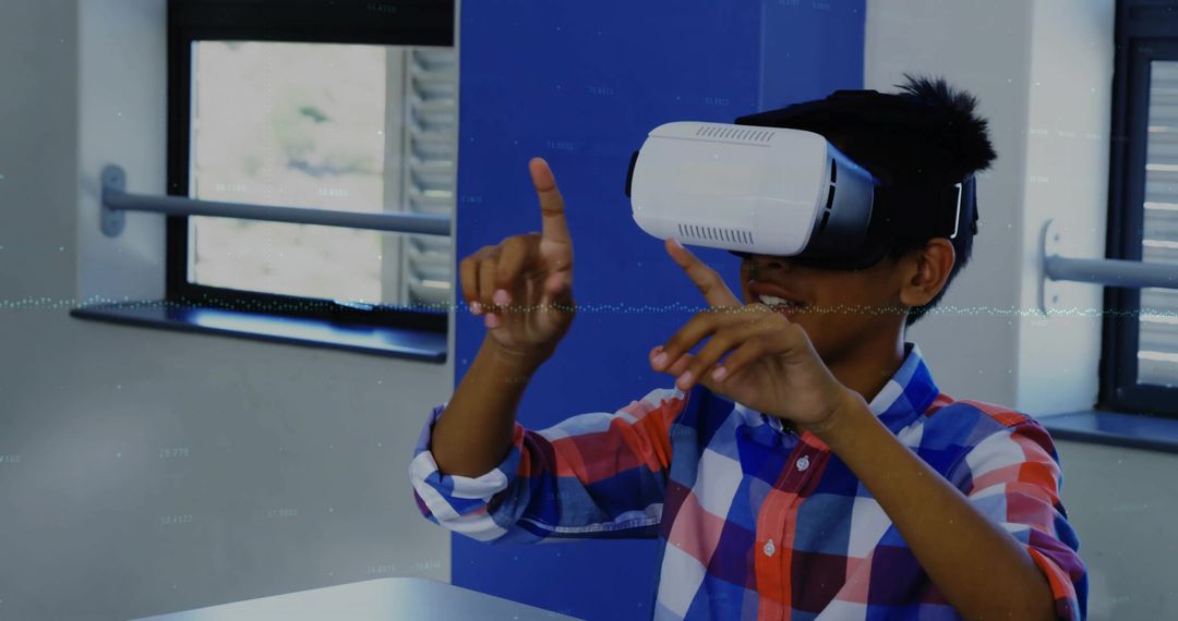Teenage Boy Using VR Headset in Futuristic Tech Environment