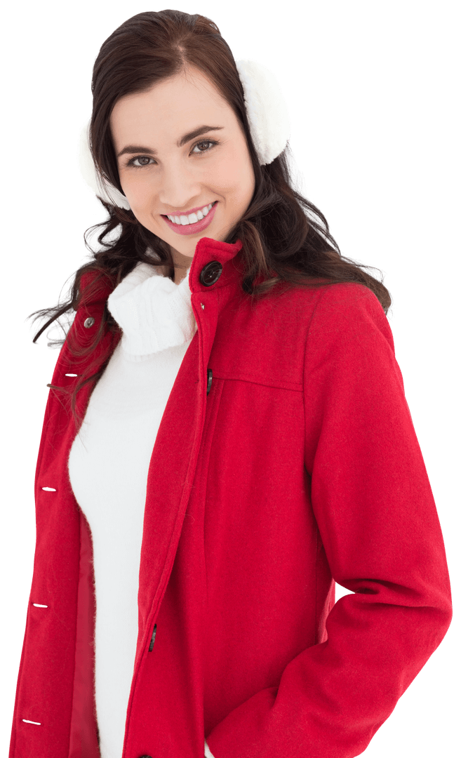 Smiling Woman in Red Coat with Transparent Background