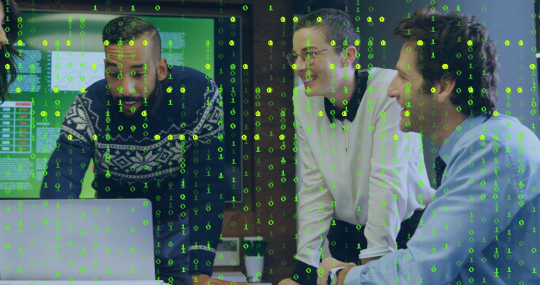 Diverse Team Collaborating with Technology Overlays Binary Code