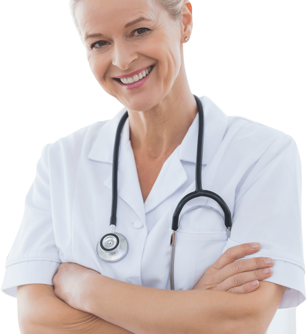 Smiling Medical Professional Wearing White Coat with Stethoscope, Transparent Background