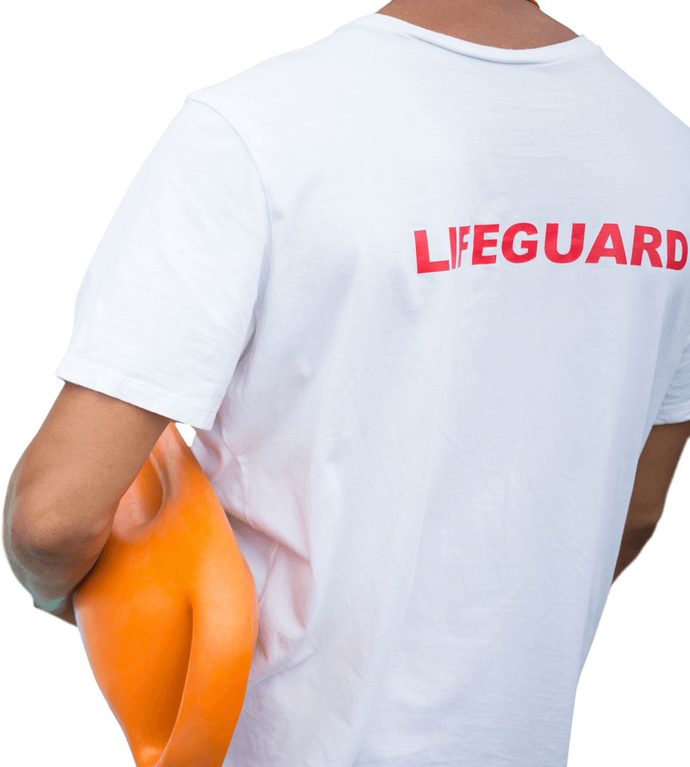 Transparent Lifeguard with Rescue Buoy in Bold Red Lettering