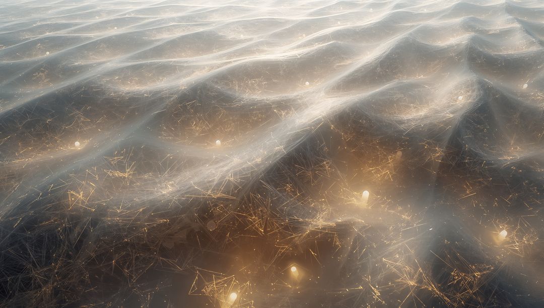 Shimmering Abstract Ripple Field with Luminescent Orbs and Golden Filament Network