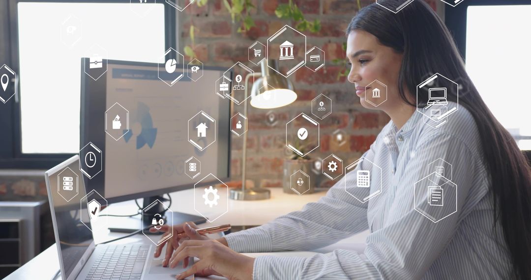 Businesswoman Analyzing Data with Virtual Interface Visuals at Modern Office Desk