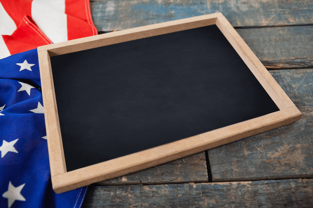 Transparent Chalkboard with American Flag on Rustic Table