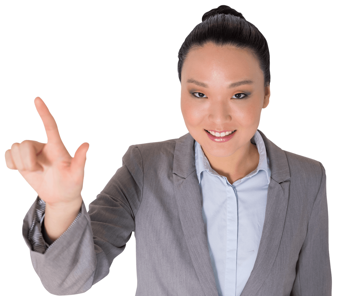 Asian Businesswoman Smiling and Pointing Transparency