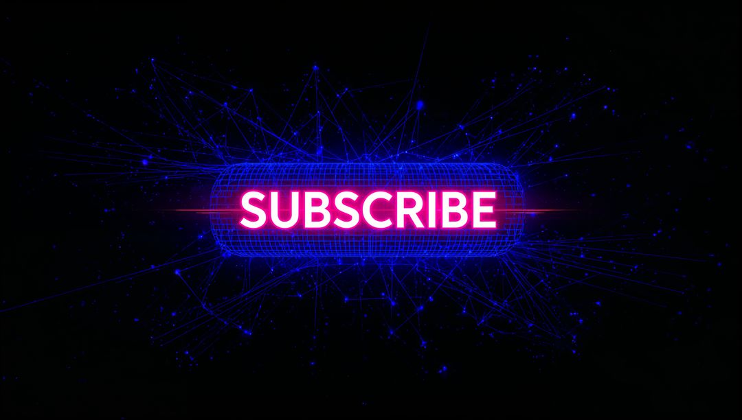 Glowing Neon Subscribe Button Surrounded by Blue Wireframe Network and Digital Nodes