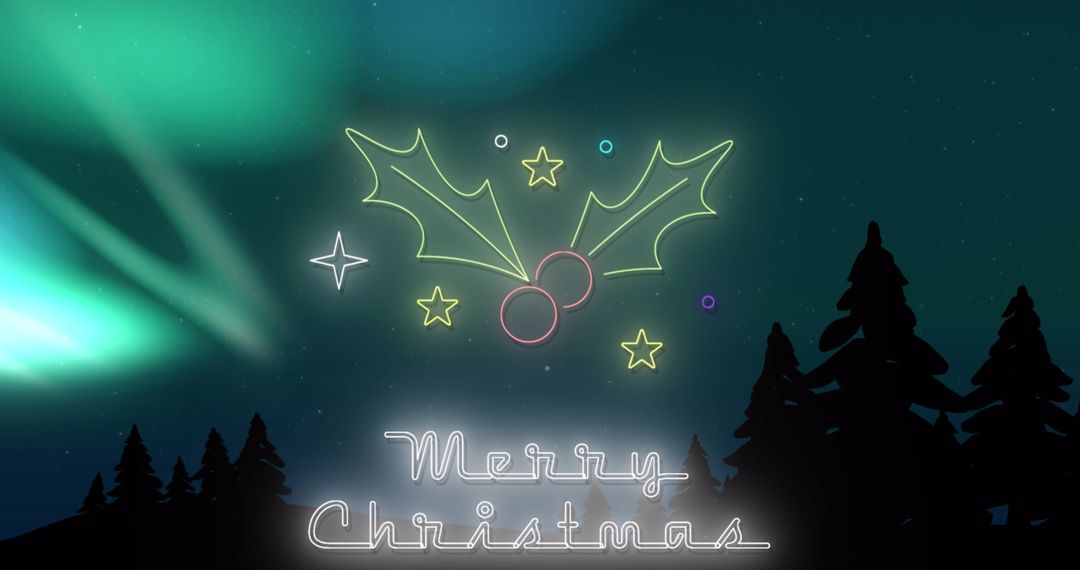 Neon Merry Christmas with Fir Trees and Aurora Sky