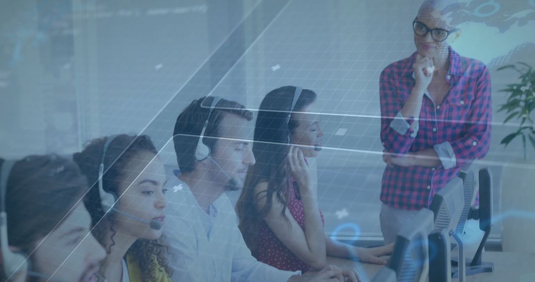 Call Center Team in Open Office with Digital Interface Overlay