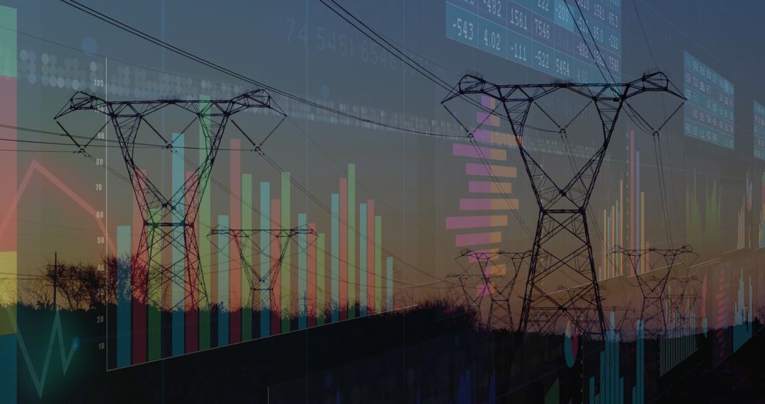 Financial Data Overlaid on Electricity Pylons at Dusk