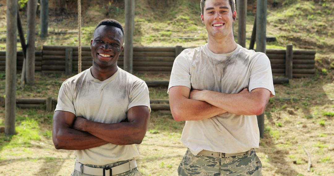 Two Confident Soldiers Showcasing Teamwork in Training Environment