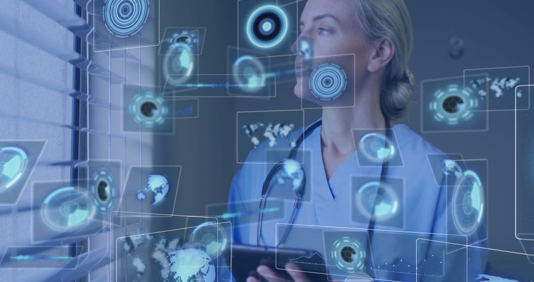 Healthcare Professional Analyzing Digital Data Panels in Clinical Setting