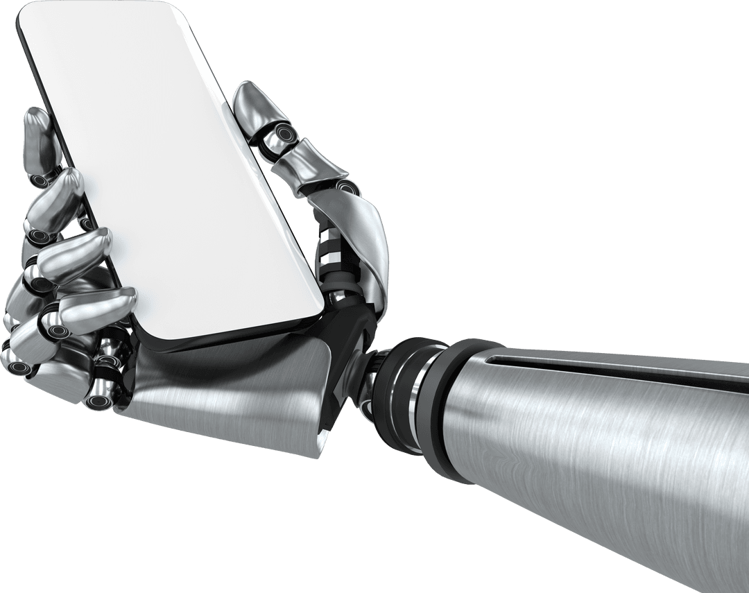 Transparent Robot Hand Gripping Smartphone on White Background