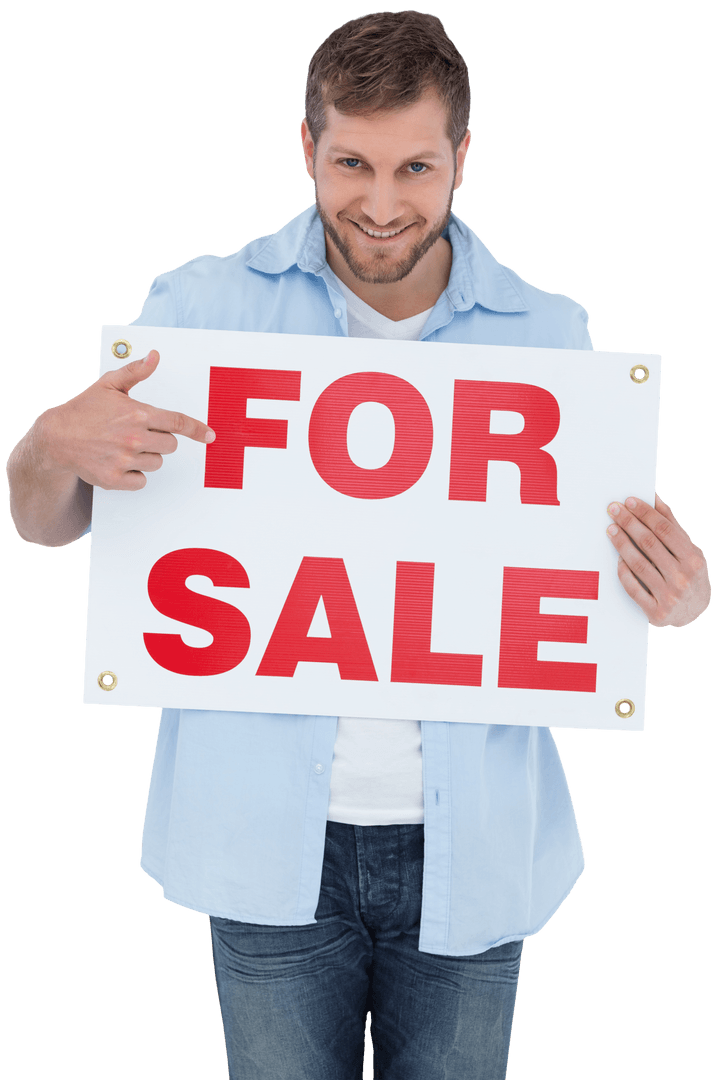 Smiling Man Holding Transparent For Sale Sign on White Background