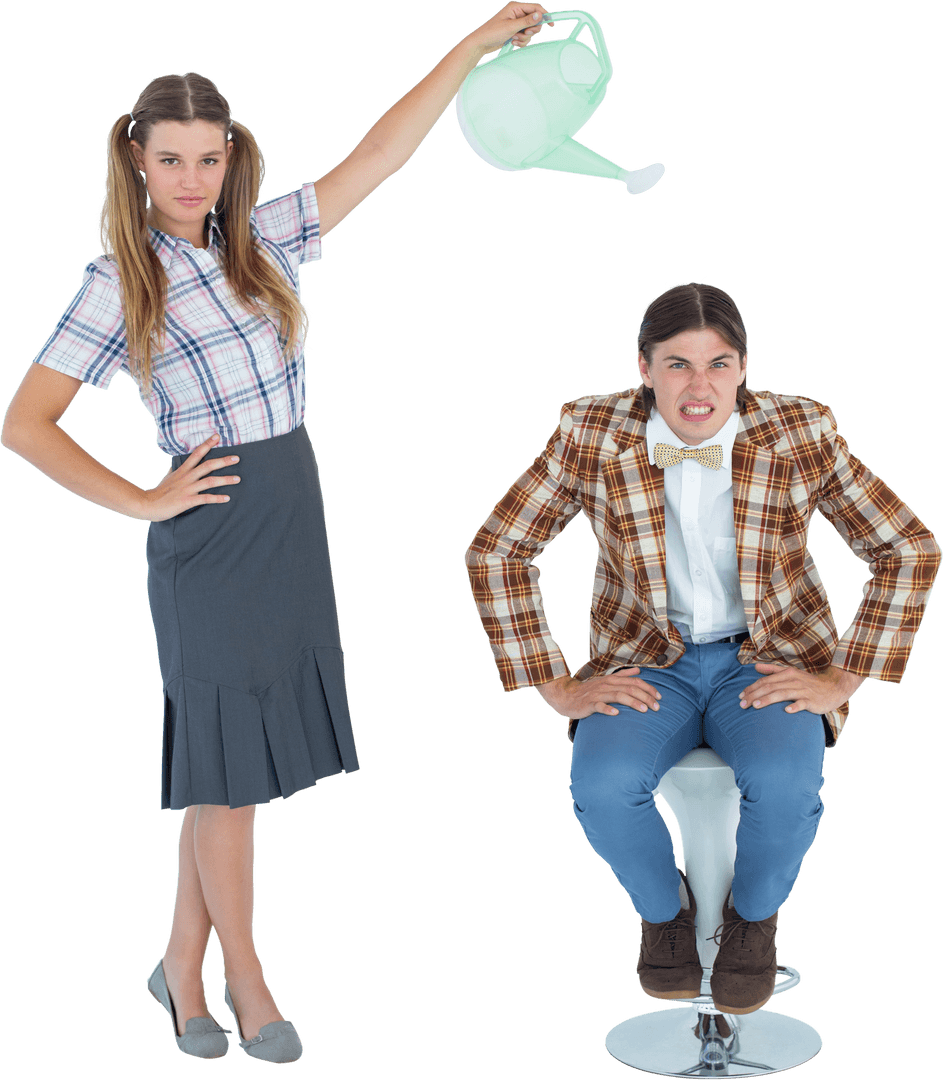 Quirky Student Couple with Watering Can on Transparent Background
