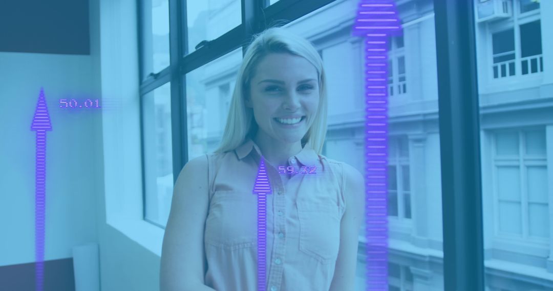 Smiling Businesswoman with Digital Graphics in Modern Office
