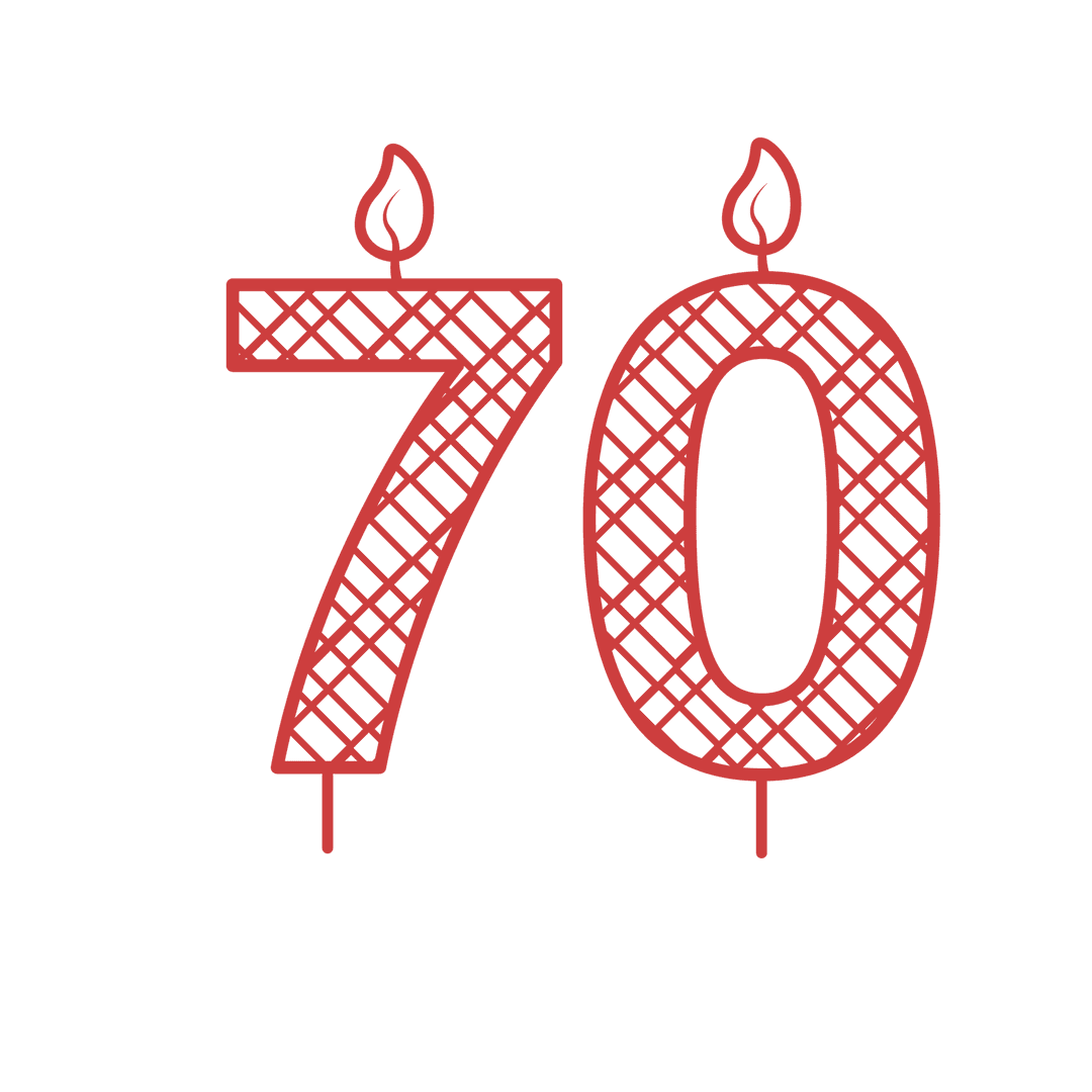Red Number 70 Birthday Candles on Transparent Background