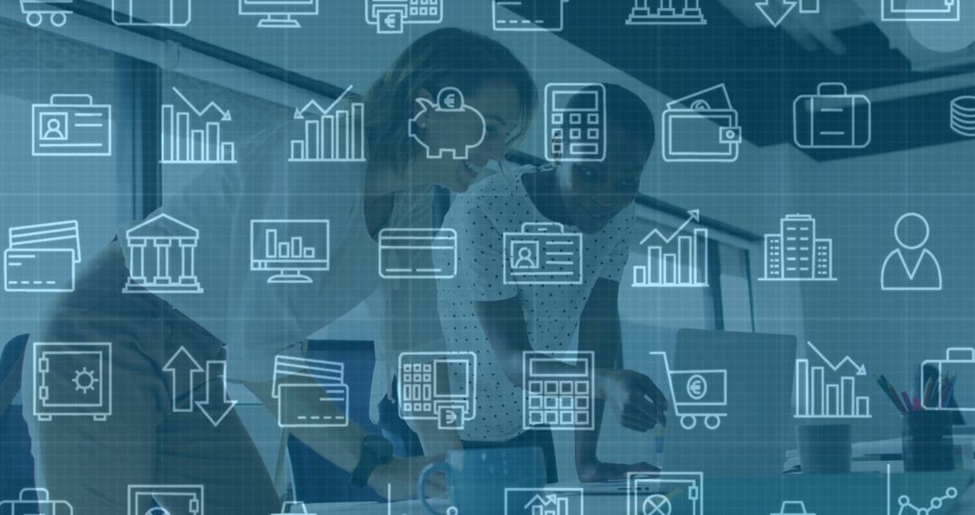 Diverse Professionals Collaborating with Digital Data Overlay in Modern Office