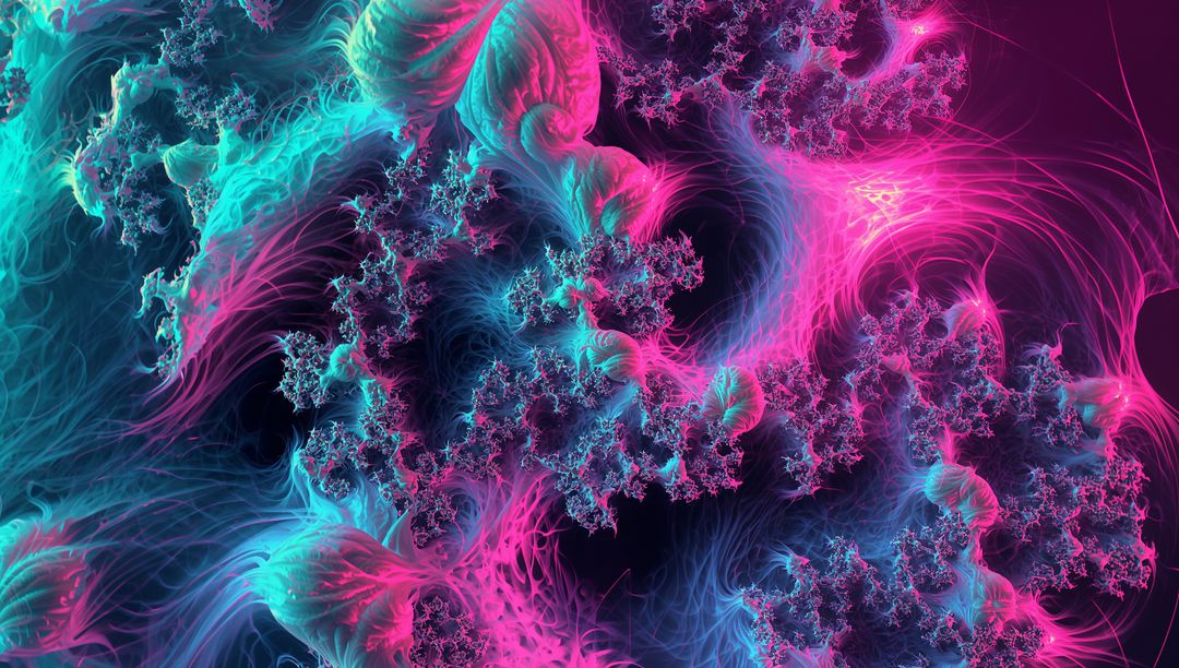 Flowing Neon Fractal Spirals in Cyan and Magenta Forming Glowing Generative Abstract Field