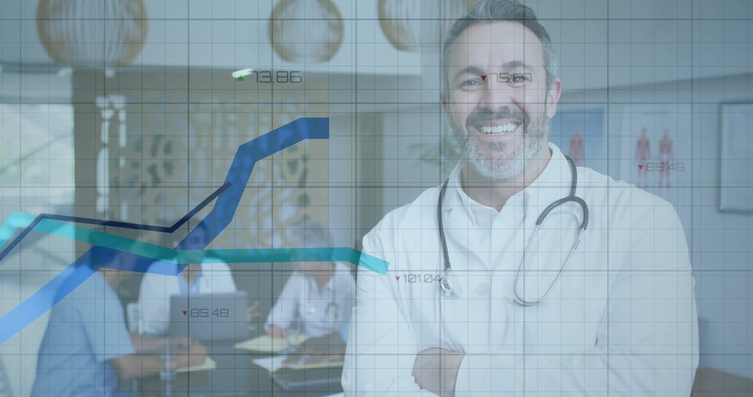 Confident Physician with Digital Chart Overlay for Modern Medical Analysis