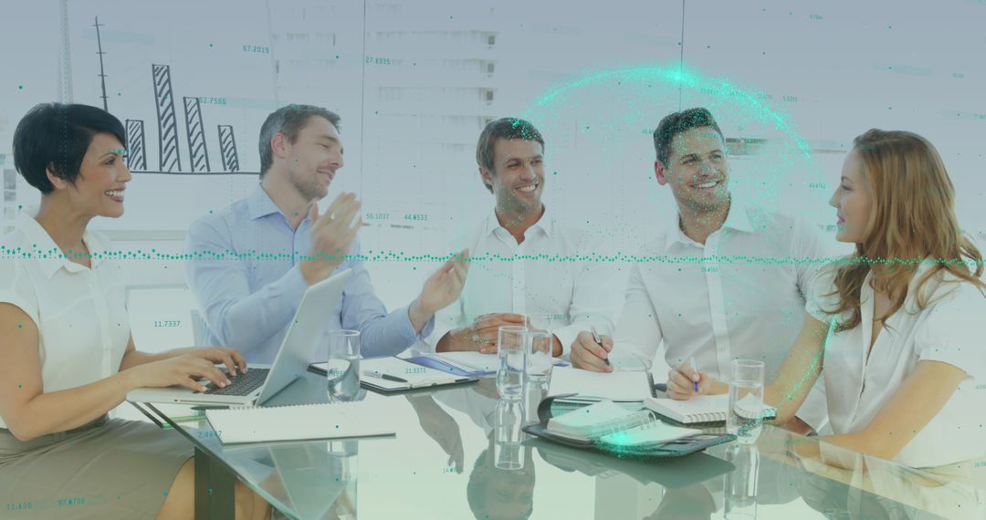 Business Team Discussing Strategy with Digital Data Overlay