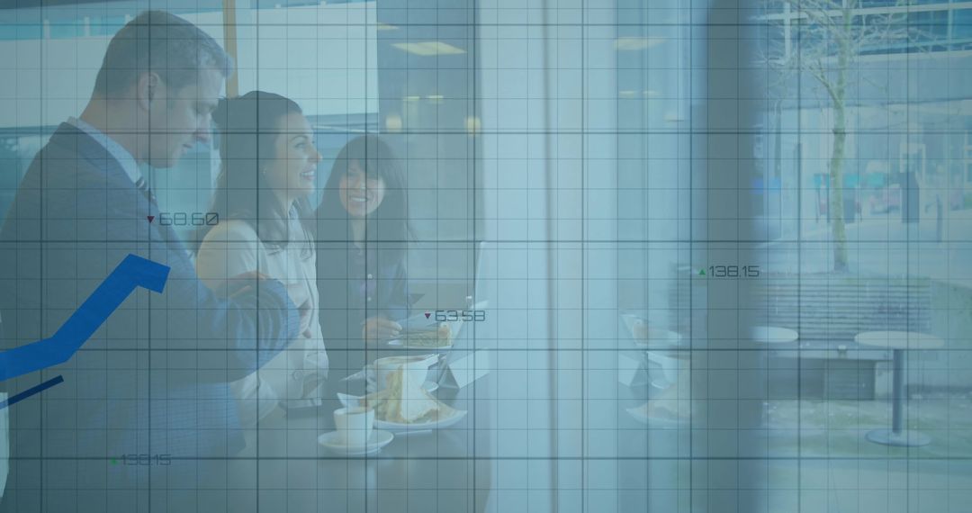 Networking colleagues sharing coffee and snacks with laptop and financial chart overlay