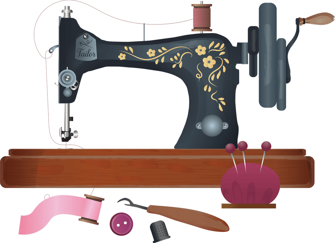 Vintage Sewing Machine Illustration with Crafting Tools on Transparent Background