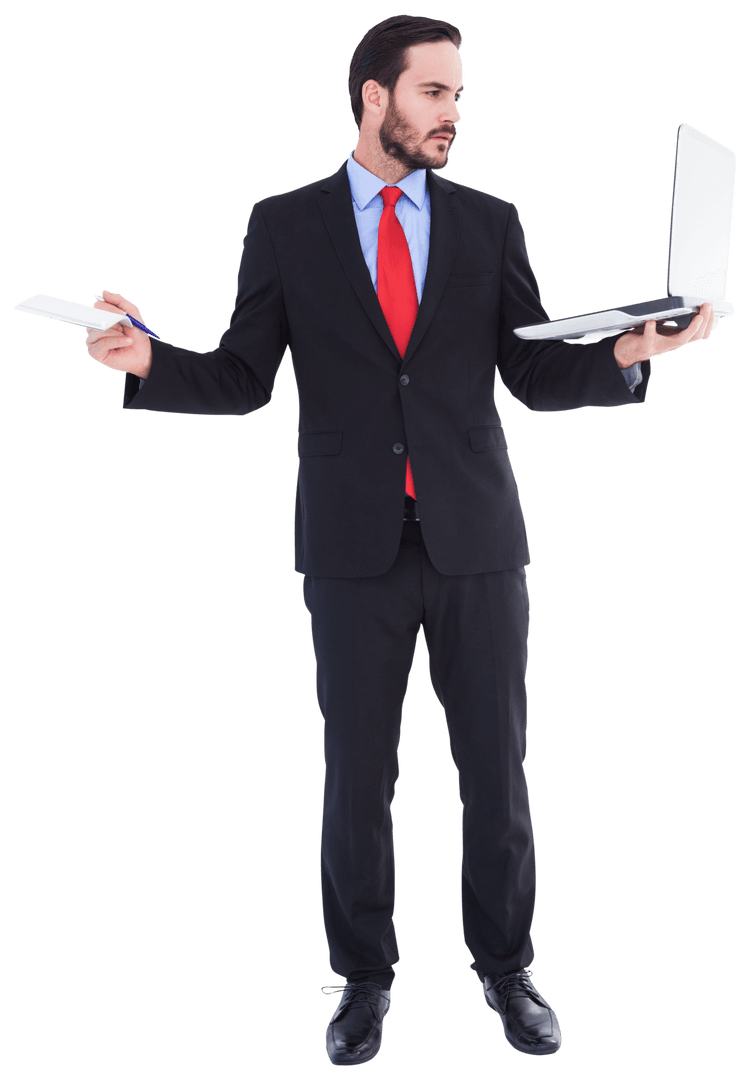 Transparent Busy Businessman Multitasking with Laptop and Notebook