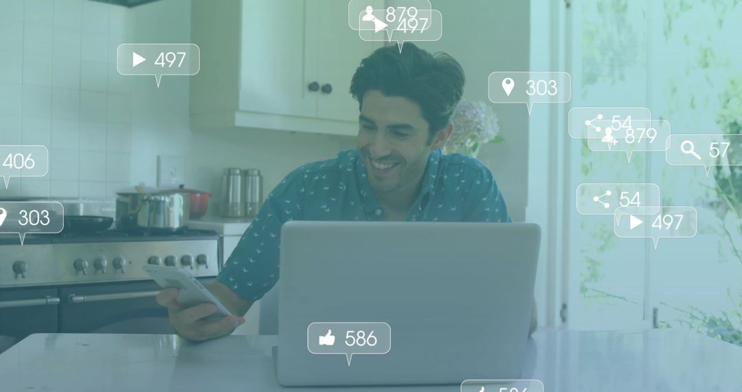 Man in Kitchen Engaging on Devices with Social Media Overlays
