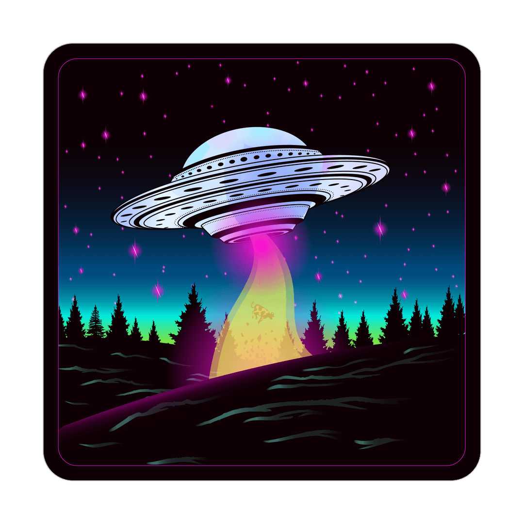 Transparent UFO Hovering Night Forest with Cow Beaming