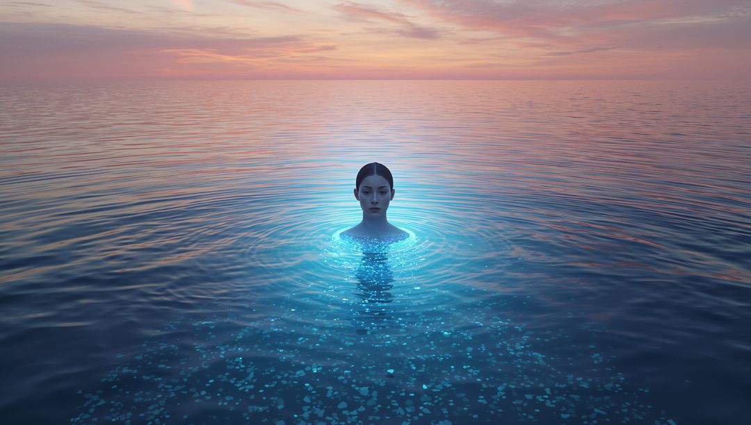 Woman Emerging from Bioluminescent Ocean at Twilight with Glowing Halo and Calm Horizon