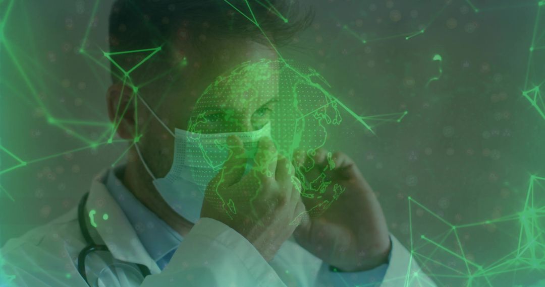 Medical Professional Securing Mask with Global Tech Overlay