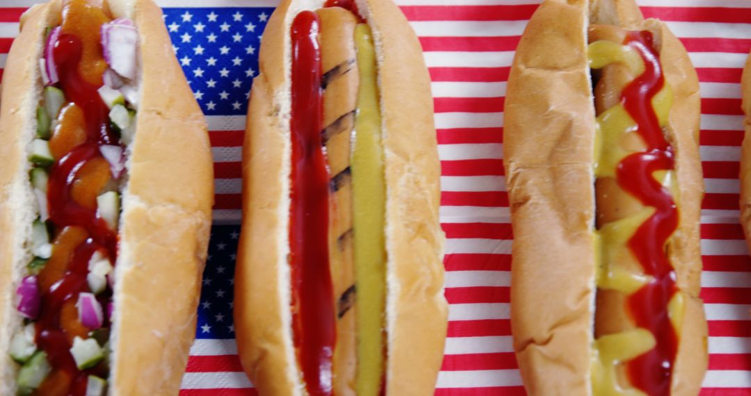 Close up of three hot dogs on flag of united states of america - Free Images, Stock Photos and Pictures on Pikwizard.com