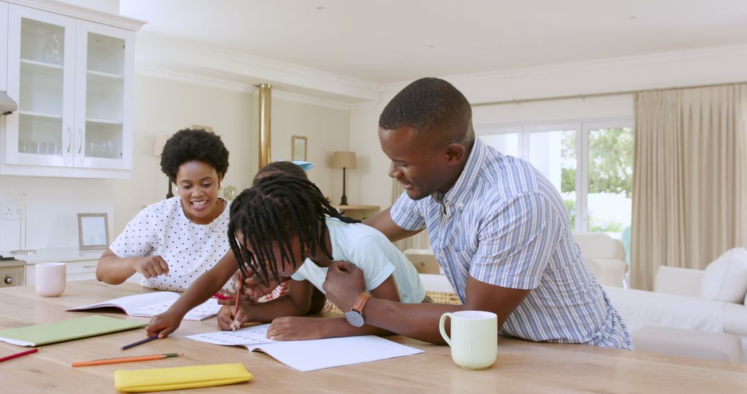 Mother Supporting Daughters with Homework in Cozy Home Setting