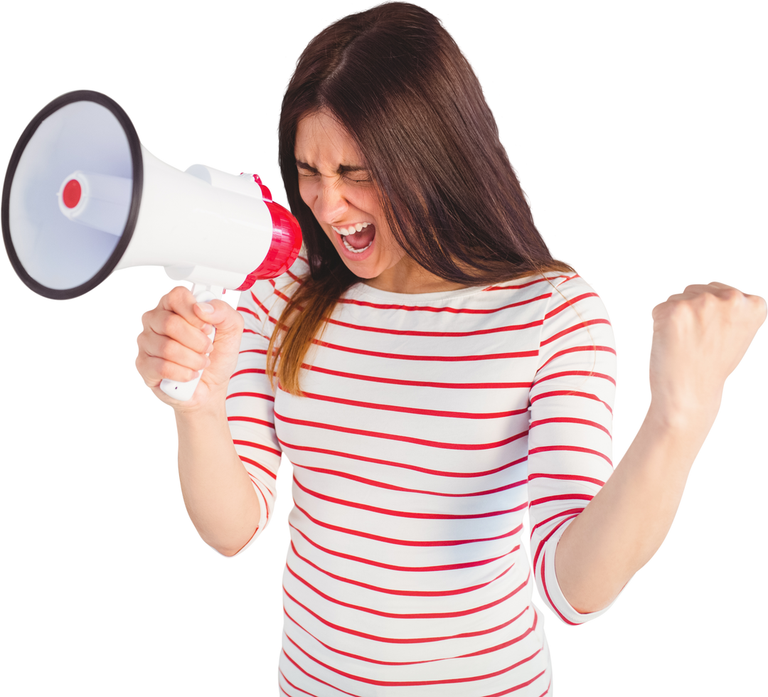 Transparent Excited Young Woman Shouting with Megaphone in Striped Shirt - Download Free Stock Images Pikwizard.com