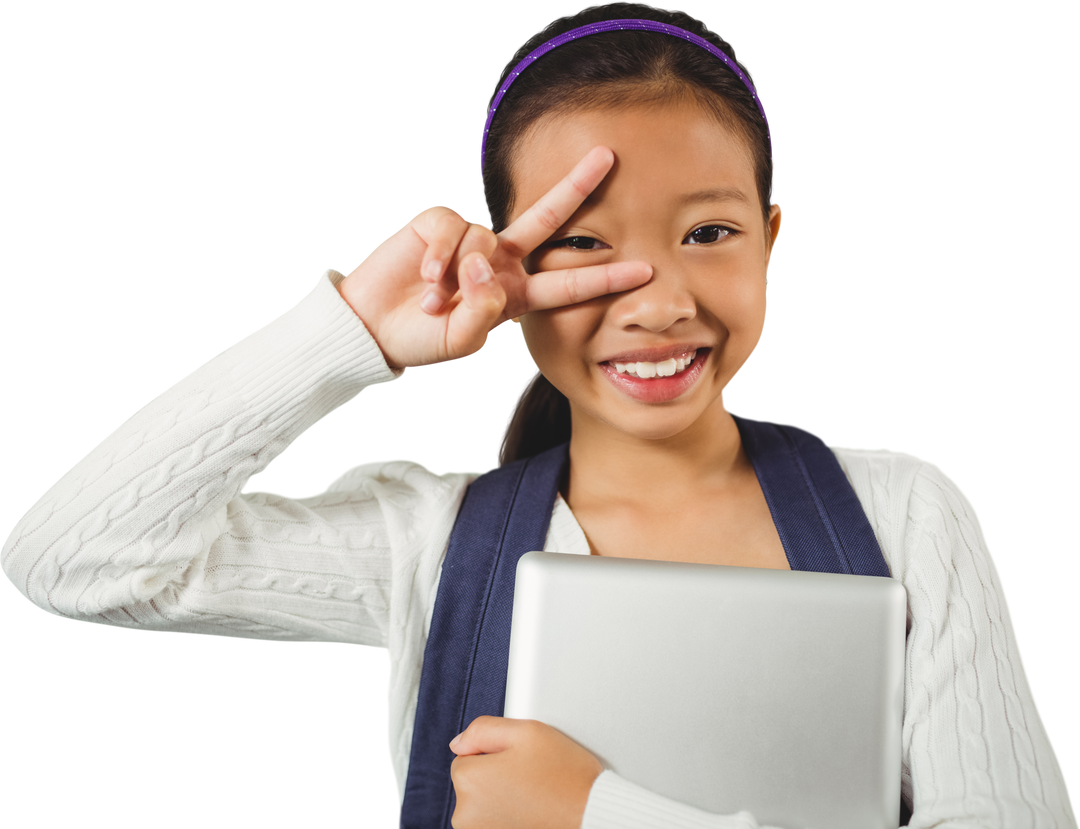 Transparent Smiling Girl Holding Tablet and Showing Peace Sign - Download Free Stock Images Pikwizard.com