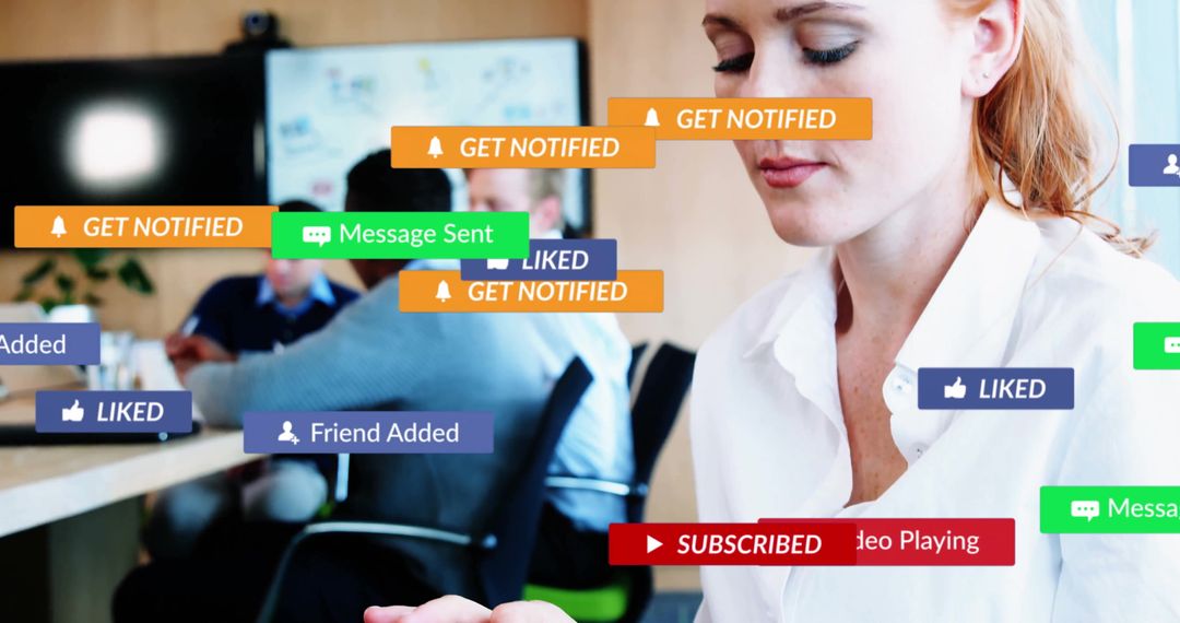 Businesswoman Overwhelmed by Social Media Notifications in Office