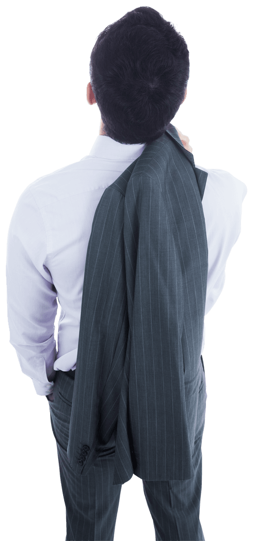 Thoughtful Caucasian Businessman Holding Suit Jacket on Transparent Background