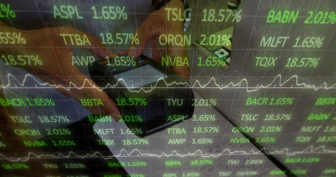 Hands Holding Smartphone with Stock Ticker Digital Overlay