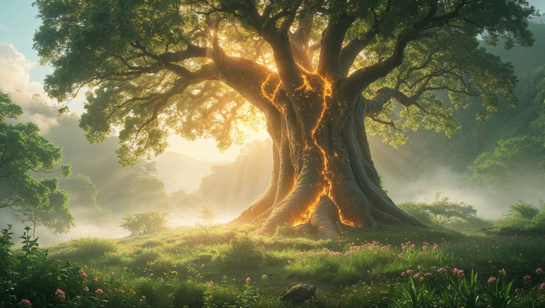 Ancient god tree illuminated with mystic energy at dawn